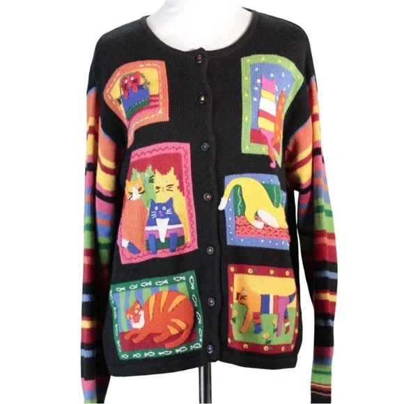Cat Women's Sweater Cardigan Y2K Vintage - Picture 2 of 12